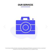 Our Services Camera Computer Digital Technology Solid Glyph Icon Web card Template vector