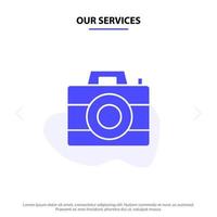 Our Services Camera Computer Digital Technology Solid Glyph Icon Web card Template vector