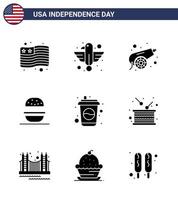 USA Independence Day Solid Glyph Set of 9 USA Pictograms of cola usa army american burger Editable USA Day Vector Design Elements