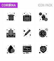 9 Solid Glyph Black Coronavirus Covid19 Icon pack such as time clock health care thermometer fever viral coronavirus 2019nov disease Vector Design Elements