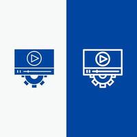 línea de diseño de configuración de reproducción de video y glifo icono sólido banner azul línea y glifo icono sólido banner azul vector