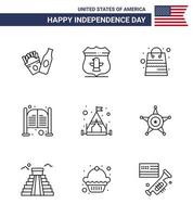 Happy Independence Day Pack of 9 Lines Signs and Symbols for camping entrance money day doors Editable USA Day Vector Design Elements