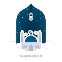 ramadan kareem diseño islámico luna creciente y silueta de cúpula de mezquita con patrón árabe y caligrafía vector