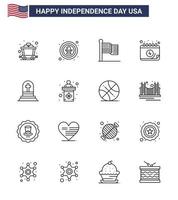 16 USA Line Signs Independence Day Celebration Symbols of grave day american date american Editable USA Day Vector Design Elements