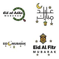 Set of 4 Vectors Eid Mubarak Happy Eid for You In Arabic Calligraphy Style Curly Script with Stars Lamp moon