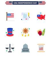 Flat Pack of 9 USA Independence Day Symbols of dream catcher adornment states magic hat cap Editable USA Day Vector Design Elements