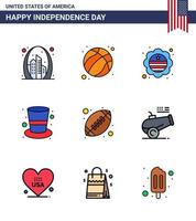 Set of 9 Vector Flat Filled Lines on 4th July USA Independence Day such as ball hat usa cap badge Editable USA Day Vector Design Elements