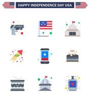 Big Pack of 9 USA Happy Independence Day USA Vector Flats and Editable Symbols of cell fireworks place festivity white Editable USA Day Vector Design Elements