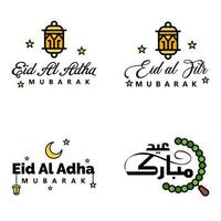 feliz eid mubarak ilustración de diseño vectorial de 4 mensajes decorativos escritos a mano sobre fondo blanco vector