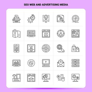OutLine 25 SEO web and advertising media Icon set Vector Line Style Design Black Icons Set Linear pictogram pack Web and Mobile Business ideas design Vector Illustration