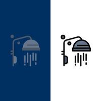 baño limpio ducha iconos plano y línea llena icono conjunto vector fondo azul