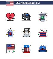 4th July USA Happy Independence Day Icon Symbols Group of 9 Modern Flat Filled Lines of mail greeting cola envelope wine Editable USA Day Vector Design Elements