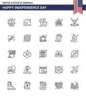 Line Pack of 25 USA Independence Day Symbols of american ice sport american hokey fire Editable USA Day Vector Design Elements