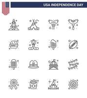 Line Pack of 16 USA Independence Day Symbols of sports hockey american meal burger Editable USA Day Vector Design Elements