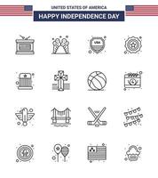 4th July USA Happy Independence Day Icon Symbols Group of 16 Modern Lines of entertainment flag security badge american Editable USA Day Vector Design Elements