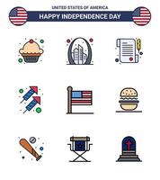 9 USA Flat Filled Line Signs Independence Day Celebration Symbols of united flag paper shoot fire Editable USA Day Vector Design Elements