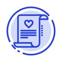 carta documento en papel carta de amor tarjeta de matrimonio línea punteada azul icono de línea vector