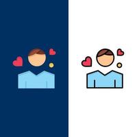 Man Boy Avatar Person Heart  Icons Flat and Line Filled Icon Set Vector Blue Background