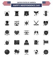 Happy Independence Day 4th July Set of 25 Solid Glyph American Pictograph of badge sausage usa frankfurter american Editable USA Day Vector Design Elements