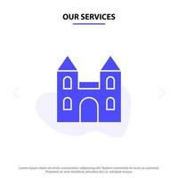 nuestros servicios gran catedral iglesia cruz icono de glifo sólido plantilla de tarjeta web vector