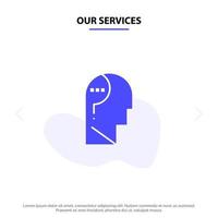 nuestros servicios confundir confundir cerebro confundir mente pregunta icono de glifo sólido plantilla de tarjeta web vector