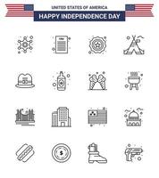 4th July USA Happy Independence Day Icon Symbols Group of 16 Modern Lines of american hat security american tent Editable USA Day Vector Design Elements