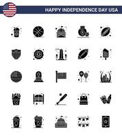 Pack of 25 USA Independence Day Celebration Solid Glyph Signs and 4th July Symbols such as ball money building bag white Editable USA Day Vector Design Elements