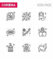 Coronavirus Precaution Tips icon for healthcare guidelines presentation 9 Line icon pack such as microbe bacterium blood safety mask viral coronavirus 2019nov disease Vector Design Elements