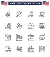 4th July USA Happy Independence Day Icon Symbols Group of 16 Modern Lines of map american christmas cola can Editable USA Day Vector Design Elements