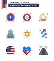 Happy Independence Day 4th July Set of 9 Flats American Pictograph of men landmark badge city food Editable USA Day Vector Design Elements