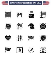 Happy Independence Day Pack of 16 Solid Glyphs Signs and Symbols for shield usa cake international country Editable USA Day Vector Design Elements