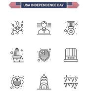 Set of 9 Modern Lines pack on USA Independence Day shield american badge pot flower Editable USA Day Vector Design Elements