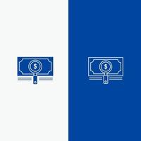 búsqueda de fondos de dinero préstamo línea de dólar y glifo icono sólido línea de bandera azul y glifo icono sólido bandera azul vector