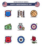 paquete de feliz día de la independencia de 9 líneas planas llenas de signos y símbolos para la bolsa de fútbol de estados unidos dólar estadounidense elementos de diseño vectorial editables del día de estados unidos vector