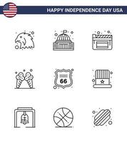 9 USA Line Pack of Independence Day Signs and Symbols of sign security cinema american ice Editable USA Day Vector Design Elements