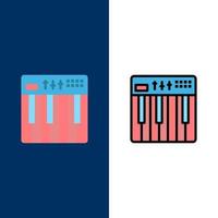 controlador hardware teclado midi música iconos plano y línea llena conjunto de iconos vector fondo azul