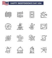 Editable Vector Line Pack of USA Day 16 Simple Lines of sports backetball mobile st pipe Editable USA Day Vector Design Elements