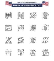 16 USA Line Pack of Independence Day Signs and Symbols of meal burger bottle usa states Editable USA Day Vector Design Elements