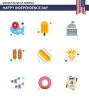 paquete de 9 letreros planos de celebración del día de la independencia de estados unidos y símbolos del 4 de julio, como hotdog food city hot dog irish editable usa day vector design elements