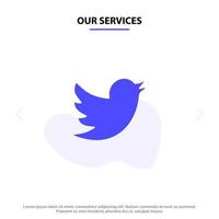 nuestra red de servicios social twitter icono de glifo sólido plantilla de tarjeta web vector