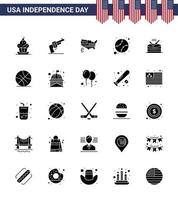 Modern Set of 25 Solid Glyph and symbols on USA Independence Day such as drum states american baseball usa Editable USA Day Vector Design Elements