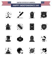 Big Pack of 16 USA Happy Independence Day USA Vector Solid Glyphs and Editable Symbols of american shield usa security holiday Editable USA Day Vector Design Elements