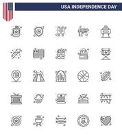 Happy Independence Day 25 Lines Icon Pack for Web and Print celebration weapon sign army gun Editable USA Day Vector Design Elements