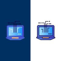 iconos de hardware de computadora portátil de red planos y llenos de línea conjunto de iconos vector fondo azul