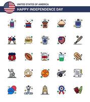 conjunto de 25 iconos del día de los ee.uu. símbolos americanos signos del día de la independencia para el matraz alcohólico usa muffin cake elementos de diseño vectorial editables del día de los ee.uu. vector