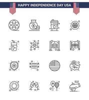 Happy Independence Day Pack of 16 Lines Signs and Symbols for drink flag alcohol badge american Editable USA Day Vector Design Elements