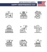 feliz día de la independencia 4 de julio conjunto de 9 líneas pictografía americana de usa guiter botella usa city editable usa day elementos de diseño vectorial vector