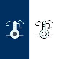 iconos de actualización de clima caliente de temperatura plana y conjunto de iconos llenos de línea vector fondo azul