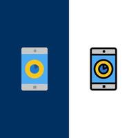 aplicación móvil aplicación móvil iconos de tiempo plano y lleno de línea conjunto de iconos vector fondo azul