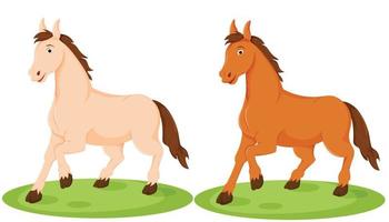 dos caballos felices en pose de carrera con mascotas de dibujos animados de diferentes colores vector